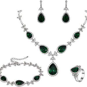 Women's Crystal Floral Leaf Teardrop Necklace Bracelet Earrings Set